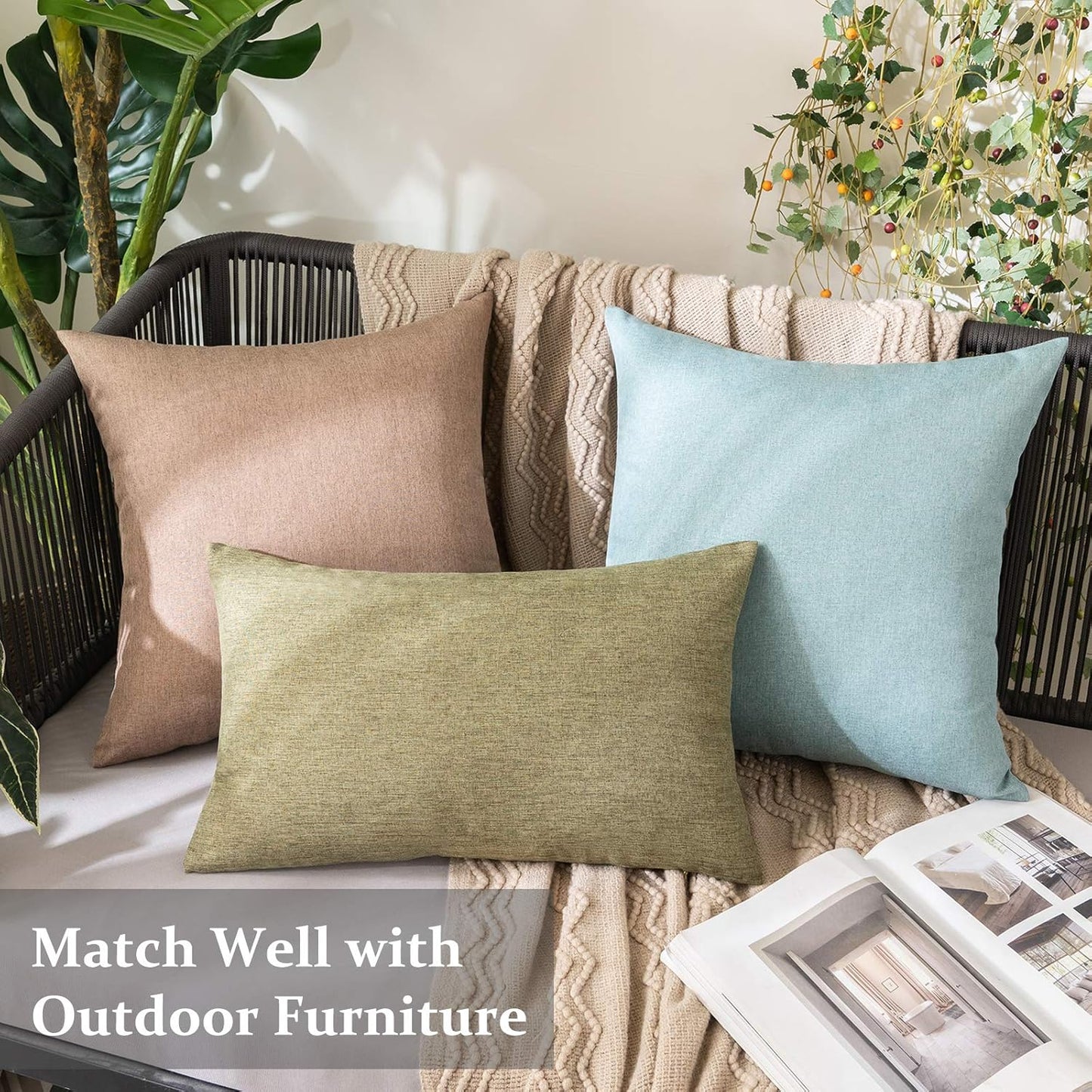 MIULEE Decorative Outdoor Throw Pillow Covers - Waterproof Faux Linen Cushion Cases | 20x12 Inch Dark Green (Pack of 2)
