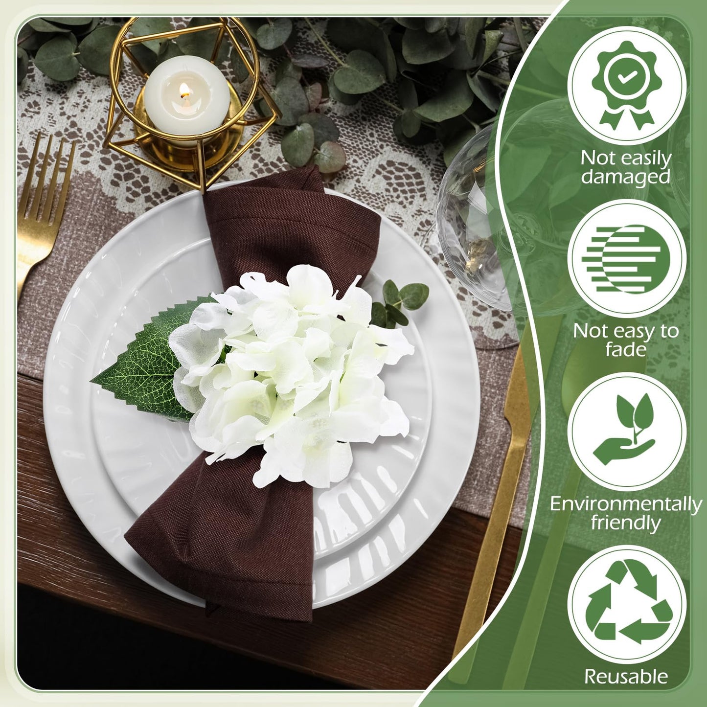 Yunsailing 12 Pcs Hydrangea Flower Napkin Rings Flower Handmade Napkin Holder Rings Floral Handicraft Band for Table Decorations Wedding Anniversary Holiday Birthday Party Supplies(White)