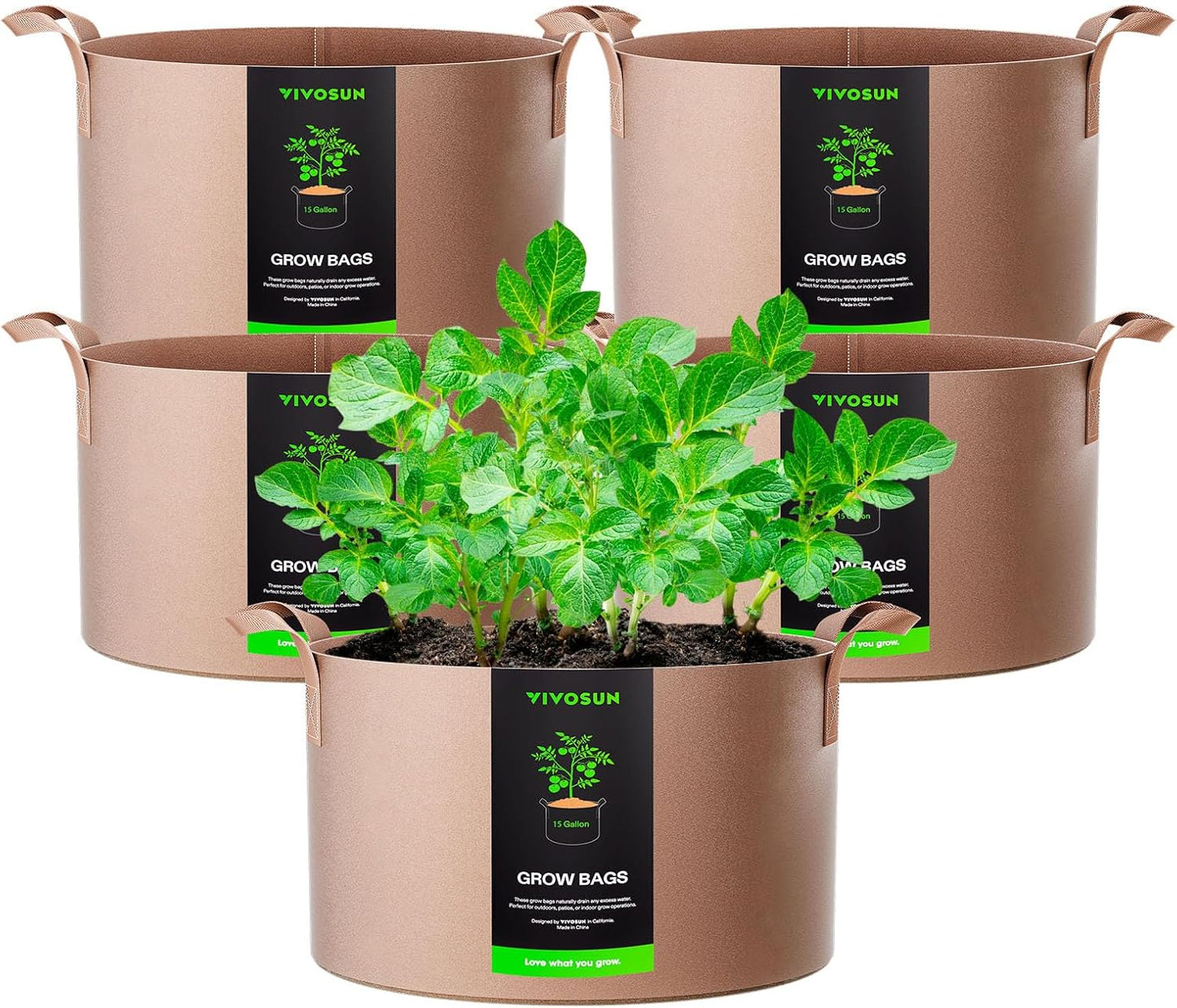 VIVOSUN 15 Gallon Heavy Duty Grow Bags - Thickened Nonwoven Fabric Pots with Strap Handles | Tan - 5-Pack