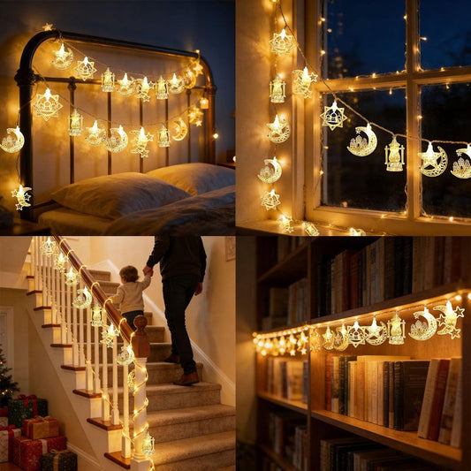 Moon Star String Lights 10FT 20 LED Star Fairy Lights Ramadan Lights with Battery & USB Powered 2 Lighting Modes Waterproof Eid Mubarak lights for Ramadan Decorations Christmas New Year Wedding Party