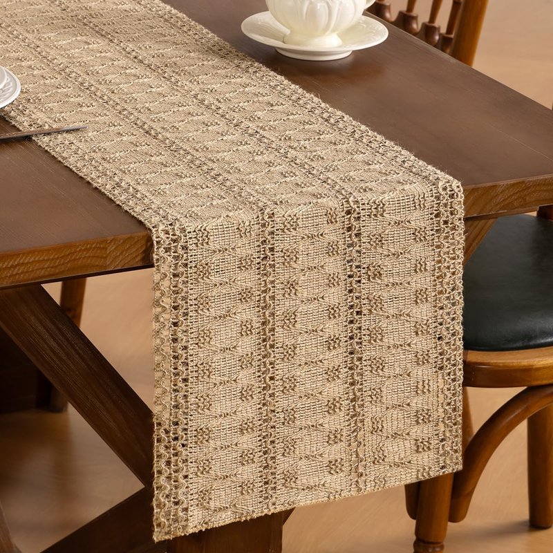 Santaben Burlap Brown Spring Boho Macrame Table Runner Rustic Farmhouse Woven Cotton Linen Burlap Table Runners for Dining & Bedroom Home Decor 11x58 Inches