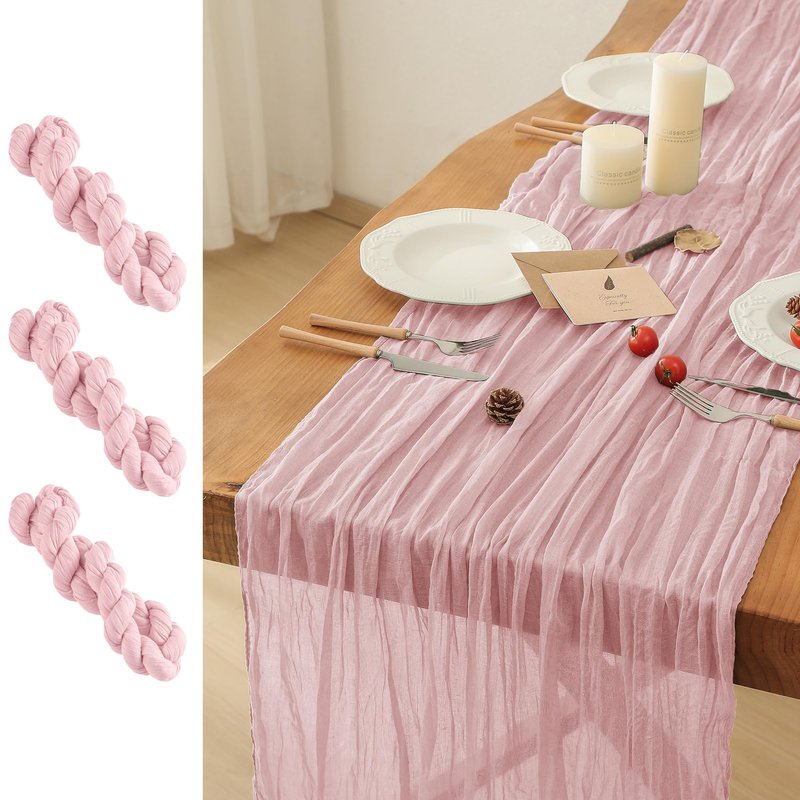 Leetaltree Cheesecloth Table Runner with Wrinkle Texture - 35x120 Inch 10 FT Crinkled Gauze Table Runner for Wedding, Party & Home Decor - Elegant Scarf Table Runner (Pink, 3 Pack)