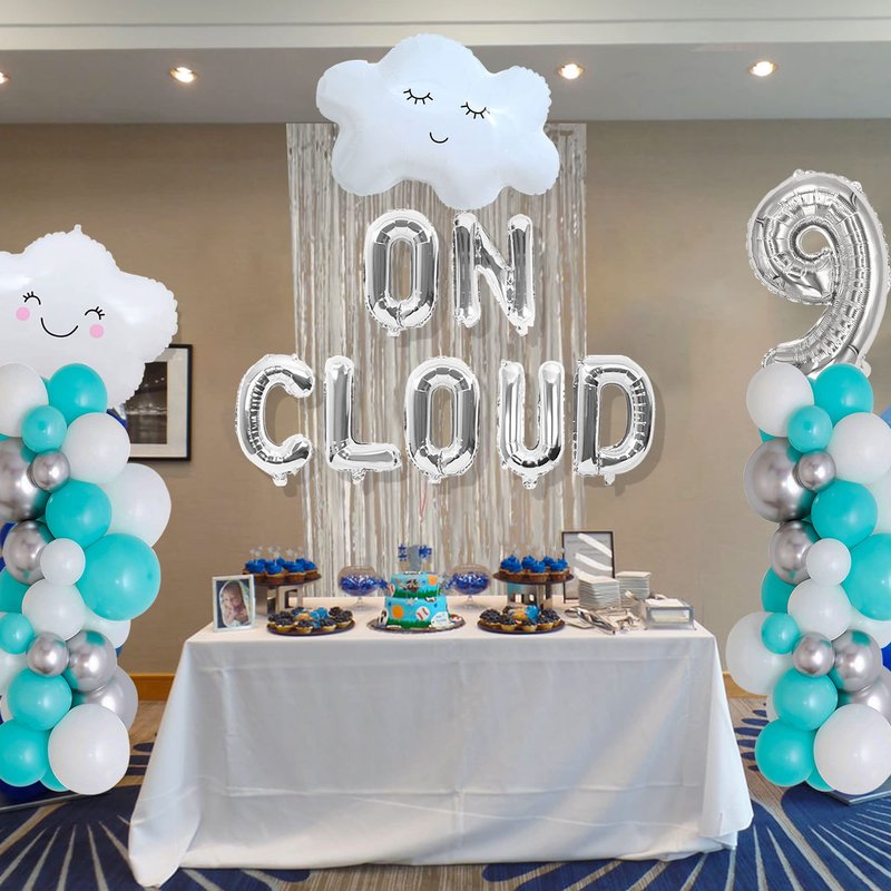 LaVenty 43 PCS Silver On Cloud 9 Balloons Decoration 9 Birthday Decoration Nine Years Old Birthday Balloon 9th Party Supplies Cloud Balloon