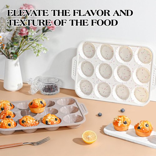 AOTASO 2 Pcs Silicone Muffin Pans for Baking with Metal Reinforced Frame, Nonstick Cupcake Tray for Oven, 12 Cups Regular Size Silicone Molds for Egg Bites, Dishwasher Safe (Brown, Cream)