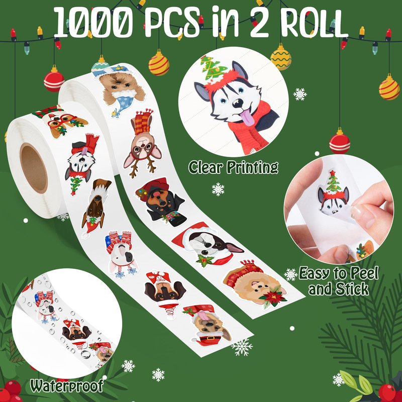 BkeeCten Christmas Dog Head Stickers - 1000 Pcs Xmas Winter Wonderland Dog Waterproof Vinyl Reusable Laptop Stickers Coloring Book Scrapbook Water Bottle Page Activity Pad Party Favors Kids Skateboard
