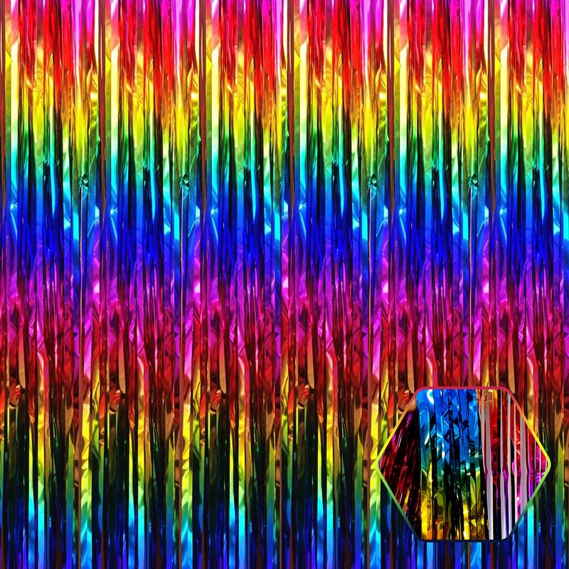 3 Pack Rainbow Foil Fringe Curtain Backdrop, 3.28Ft x 8.2Ft Metallic Tinsel Foil Fringe Streamer Curtains for Photo Booth, Christmas Day, Thanksgiving, Wedding, New Year Party Decorations