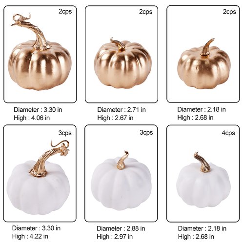 Artmag 16 Pcs Assorted Fall Artificial Pumpkins Harvest White Faux Pumpkins and Gold Plating Pumpkins for Halloween Fall Thanksgiving Decorating Displaying