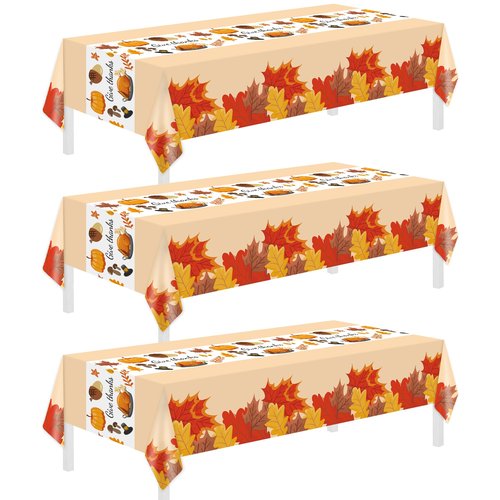 Childom Thanksgiving Tablecloth, 3 Pack Disposable Plastic Tablecloth 54" x 108" Thanksgiving Decorations, Autumn Maple Leaf Party Table Cover, Fall Harvest Party Decor for Outside,Picnic,Home,Dinner