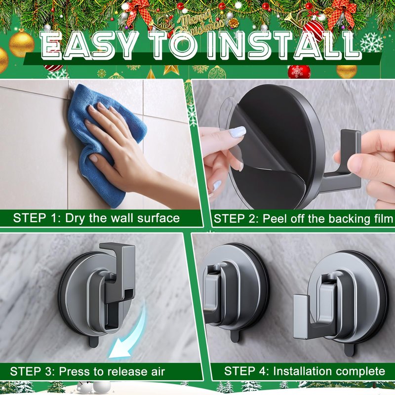 2PCS Suction Cup Hooks, Suction Cup Hooks for Shower, No Drill SuctionCup Hook for Bathroom Hanging Towels Holder, Hook for Christmas Wreath Decor Thanksgiving, Reusable Strong & Reliable