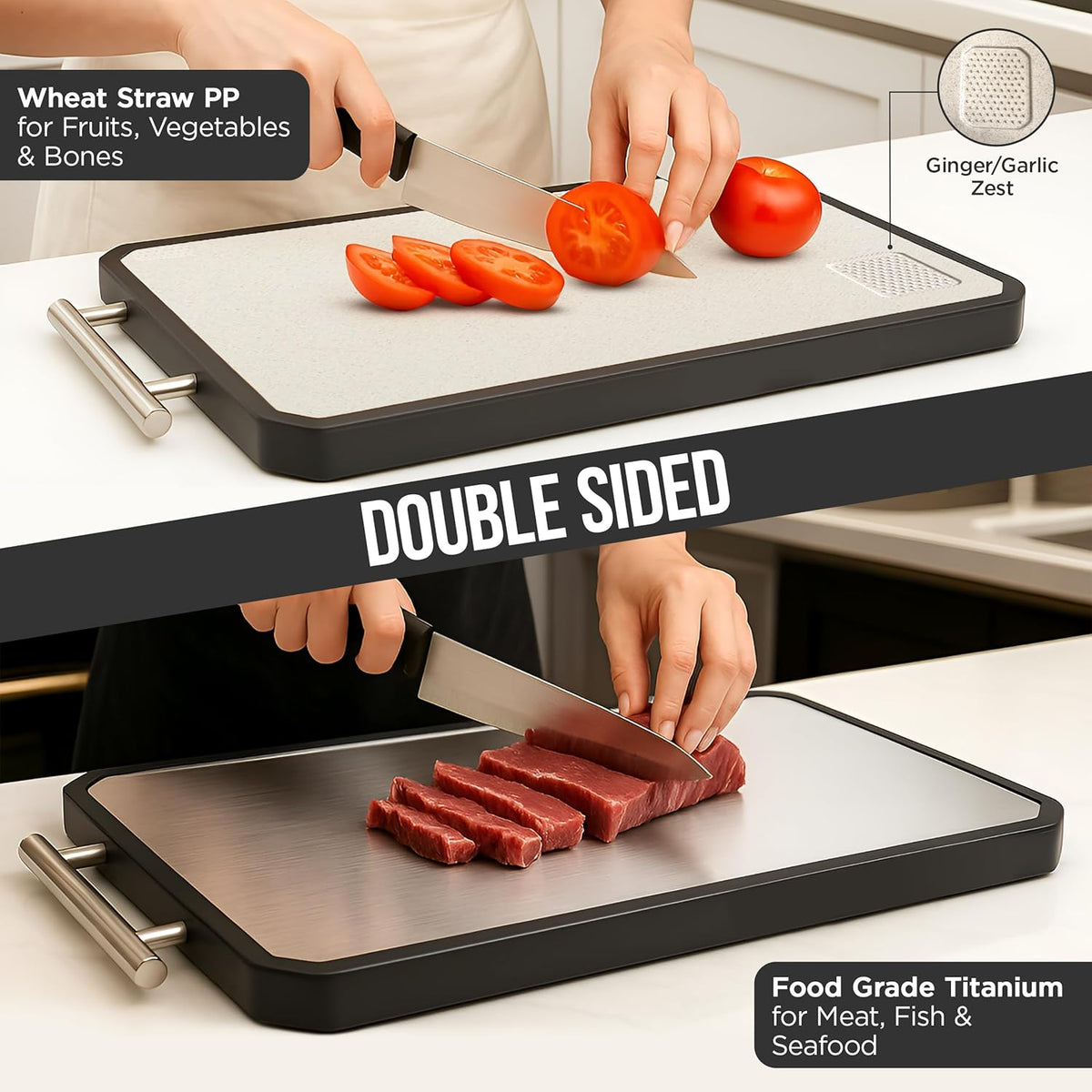 Titanium Cutting Board - Double-Sided Metal Design with Scraper | 16” x 11” Large Kitchen Prep Surface