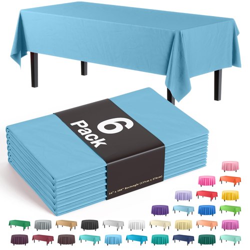 Exquisite Party Solids 6-Pack Premium Plastic Tablecloth 54in. x 108in. Rectangle Plastic Table Cover - Sky Blue