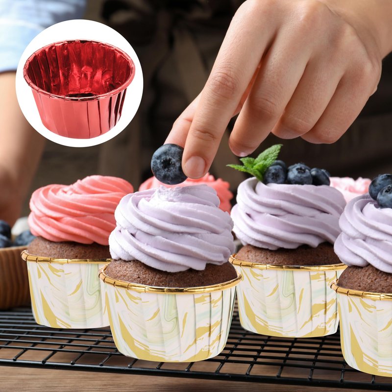 uxcell 50 Pcs Double-sided Aluminum Foil Cupcake Liners with Lids, Greaseproof Muffins Baking Cupcakes for Wedding Birthday Party Decoration, Red (Round)