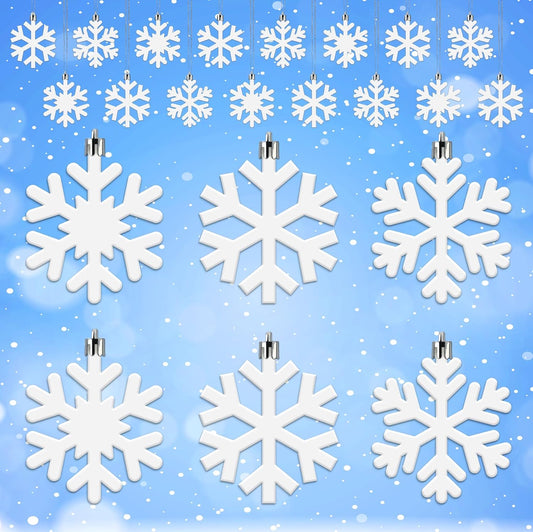 Skiennix 24 Pcs Snowflake Hanging Ornaments - White Plastic Decorations for Christmas Trees & Winter Decor