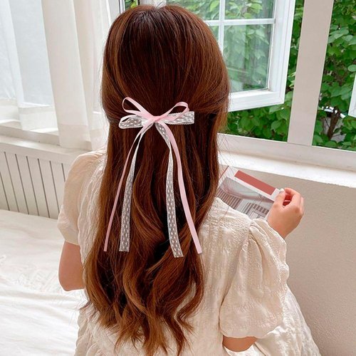 HINZIC Hair Clips - 4pcs Coquette Lace Bows in Pink & White | Cute Bowknot Ribbon Barrettes for Women & Teens