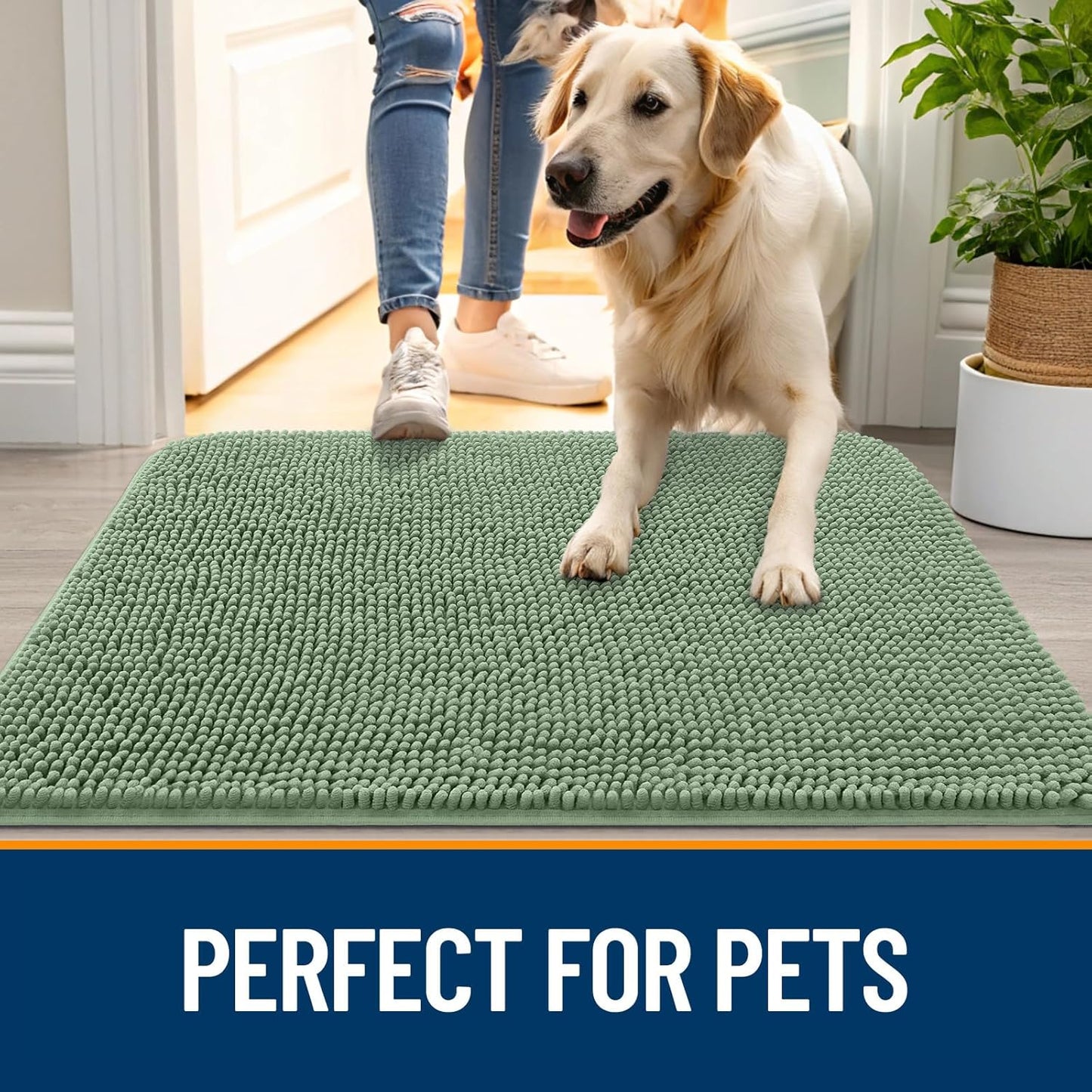 OLANLY Dog Door Mat - Absorbent Non-Slip Chenille for Muddy Paws | 48x30 Inches, Quick Dry, Olive Green