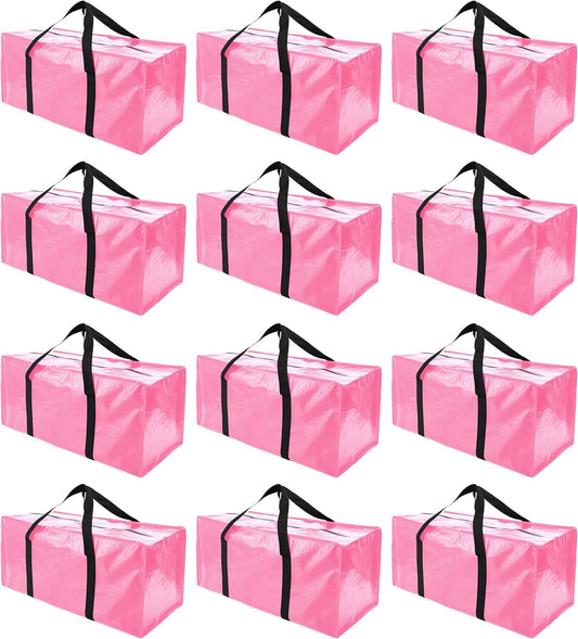 PANDA JOYS Extra Large Moving Bags - Heavy-Duty Storage Totes with Zippers & Handles | 12 Pack, Pink