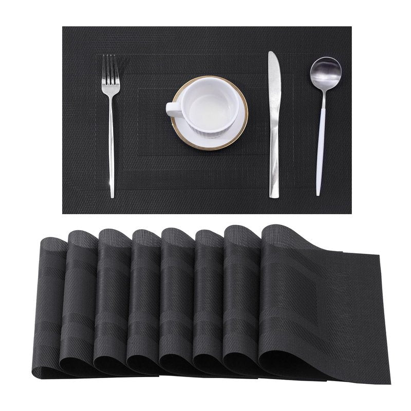 Leetaltree Black Frame Placemats Set of 8 - Heat Resistant Non-Slip Place mats for Dining Table, Washable Durable PVC Vinyl Woven Table Mats（Black Frame, 8）