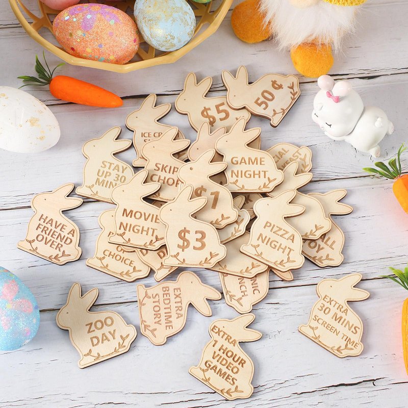 CypherX Easter Egg Fillers- Wood Easter Reward Tokens, Easter Prizes Stuffers Coins, Family Night Tokens, 24 Redeemable Tokens+6 Blank DIY Tokens, Unique Family Easter Egg Hunt Activities- Bunny