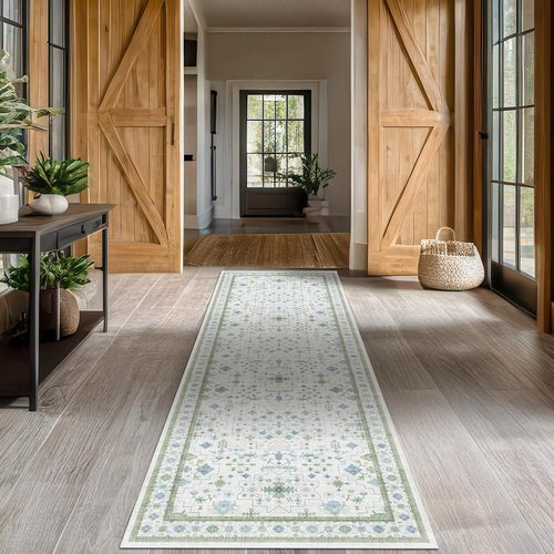 Hazo Haus Oushak 3x12 Wide Hallway Runner Rug - Vintage Turkish Floral Design, Washable Non-Slip | Light Blue & Green