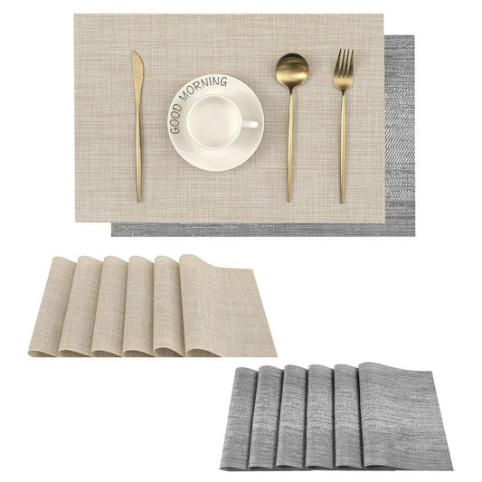 Leetaltree 6PC Grey& 6PC Beige Placemats Set of 12 - Heat Resistant Non-Slip Place mats for Dining Table, Washable Durable PVC Vinyl Woven Table Mats（6PC Grey&6PC Beige）, Grey&beige