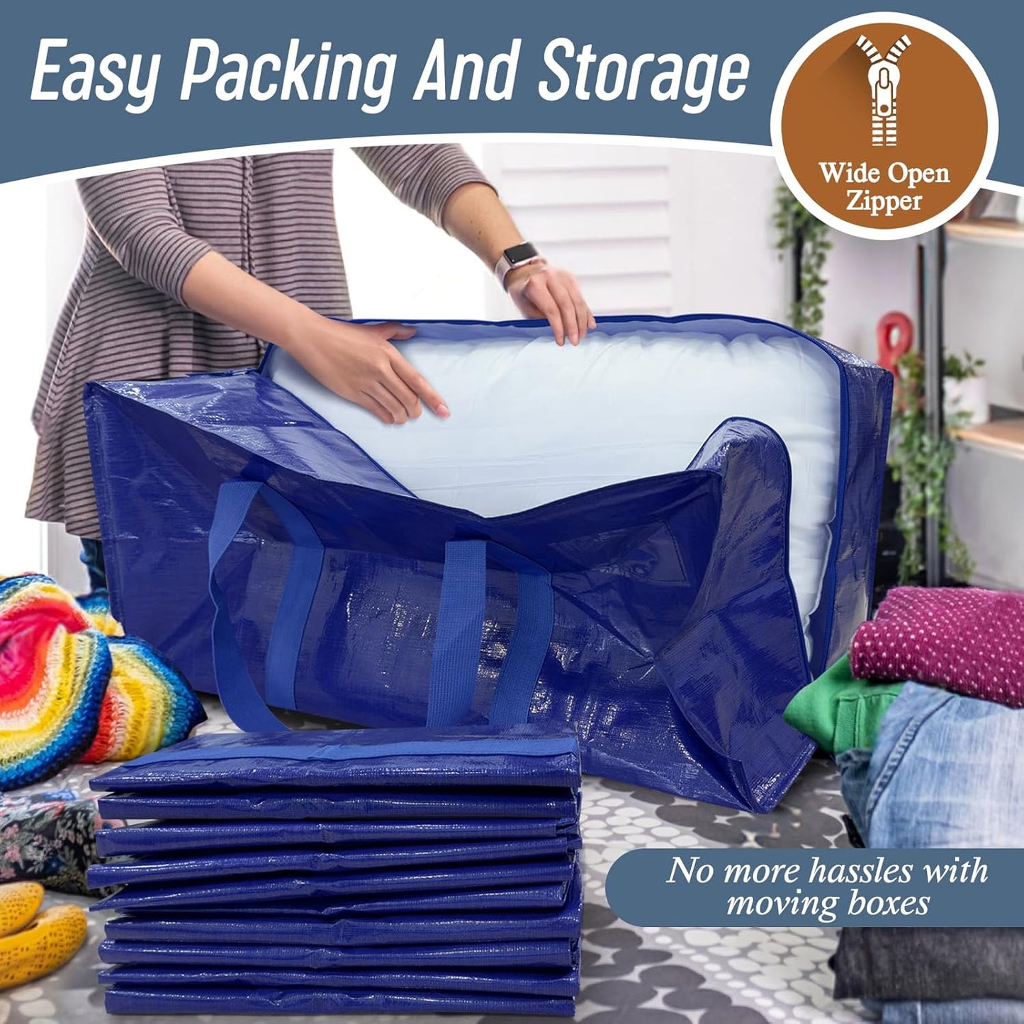 Skiennix Extra Heavy Duty Moving Bags - Large Storage Totes with Strong Zipper & Comfortable Handles | 6 Pack, Blue