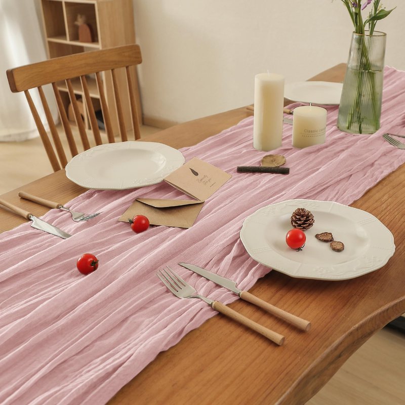 Leetaltree Cheesecloth Table Runner with Wrinkle Texture - 35x120 Inch 10 FT Crinkled Gauze Table Runner for Wedding, Party & Home Decor - Elegant Scarf Table Runner (Pink, 3 Pack)