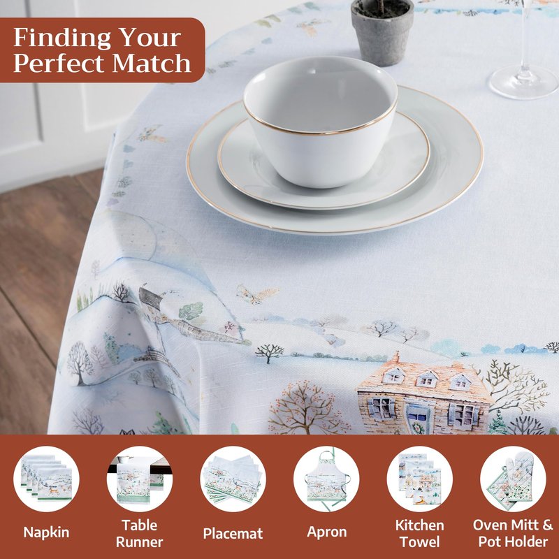 Maison d' Hermine Table Cloth Round Table 100% Cotton 69 Inches Fall Tablecloth Reusable Everyday Use for Thanksgiving Christmas Decorations Dining Farmhouse Party (Snowy World)
