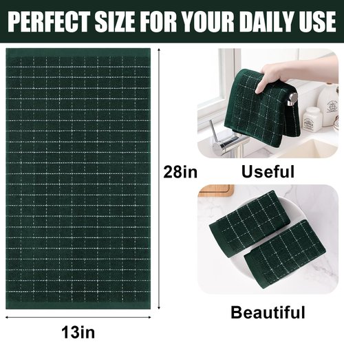 Homaxy 100% Cotton Terry Kitchen Towels(Blackish Green, 13 x 28 inches), Checkered Designed, Soft and Super Absorbent Dish Towels, 4 Pack