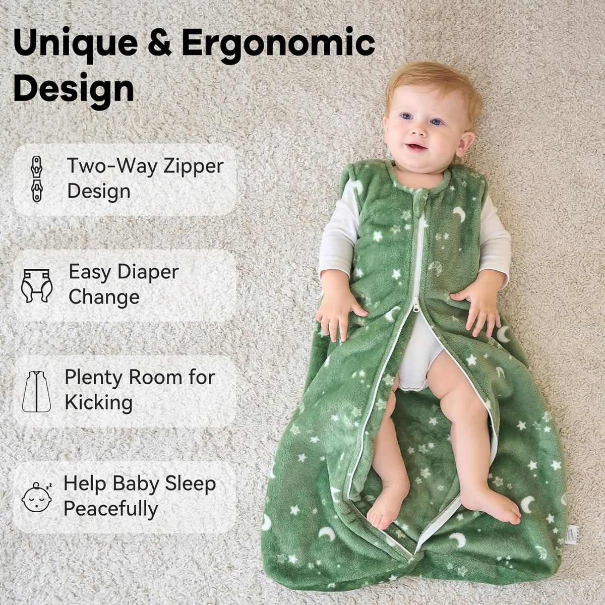 Unnivoll Baby Sleep Sack | Fleece Wearable Blanket 2.0 Tog for Infants 6-12 Months - Medium Blue Green Planet