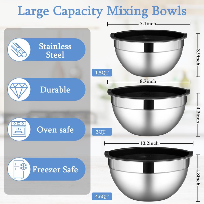 LIANYU Mixing Bowls with Lids Set of 3, Large & Small Stainless Steel Nesting Metal Bowls for Kitchen Storage, Dishwasher Safe, Size 1.5QT & 3QT & 4.6QT, Black