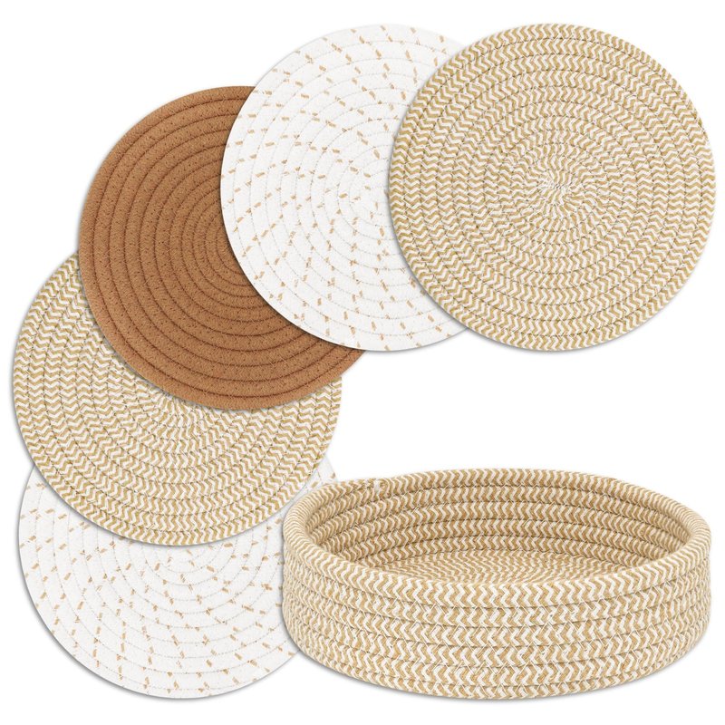 Trivets for Hot Dishes, Pots and Pans, Hot Pads with Storage Basket, Pot Holders for Kitchen, Heat Resistant Mat Protect Counter Home Essentials, Farmhouse Decor (Mix Brown 5 PCS)