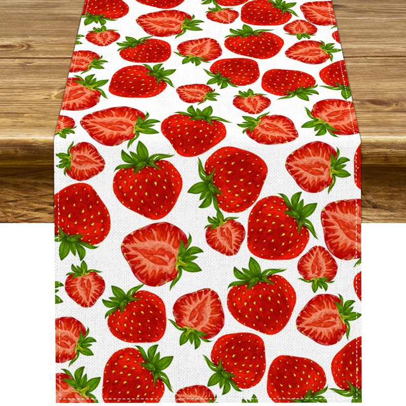 Pudodo Strawberry Table Runner Spring Summer Fruit Strawberry Themed Birthday Baby Shower Party Kitchen Dining Home Decoration (13" x 72")