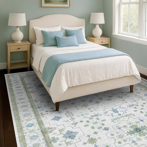 Hazo Haus Area Rug - Vintage Boho Floral Design | 8x10 Cream Oushak, Washable, Non-Slip for Living Room & Playroom