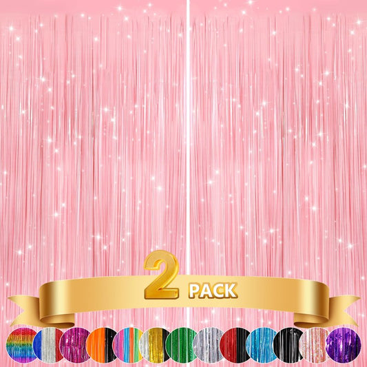 2Pack Pastel Pink Metallic Tinsel Foil Fringe Curtains, Pink Backdrop, Door Streamers Photo Booth Backdrop for Birthday Party, Tinsel Curtain Backdrop for Shower Bachelorette Xmas Party Decorations