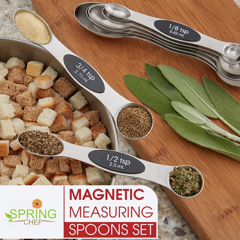 Spring Chef Magnetic Measuring Spoons Set, Dual Sided, Stainless Steel, Fits in Spice Jars, Teal, Set of 8, 2 Pack