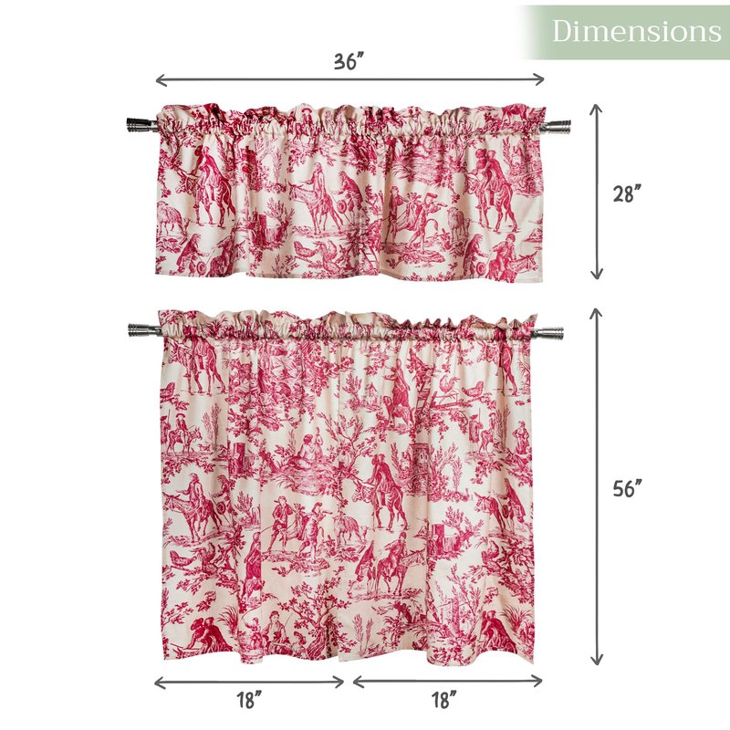 Maison d' Hermine Kitchen Curtain Set for Windows 100% Cotton Set of Kitchen Curtain Valance for Home [2 Tier (28"X36") and 1 Valance (56"X18")] Café Gifts for Mothers Day (The Miller - Red)