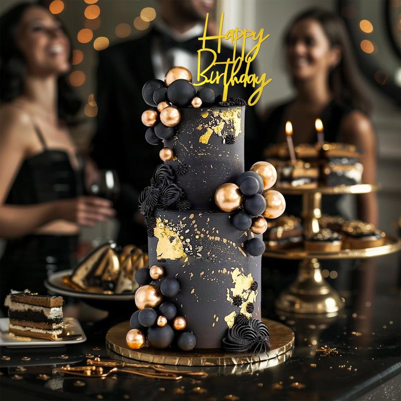 75 PCS Black and Gold Cake Decorations Balls Happy Birthday Insert Cards for DIY Cake Decoration Baby Shower Wedding Birthday Party