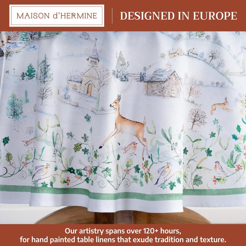 Maison d' Hermine Table Cloth Round Table 100% Cotton 69 Inches Fall Tablecloth Reusable Everyday Use for Thanksgiving Christmas Decorations Dining Farmhouse Party (Snowy World)