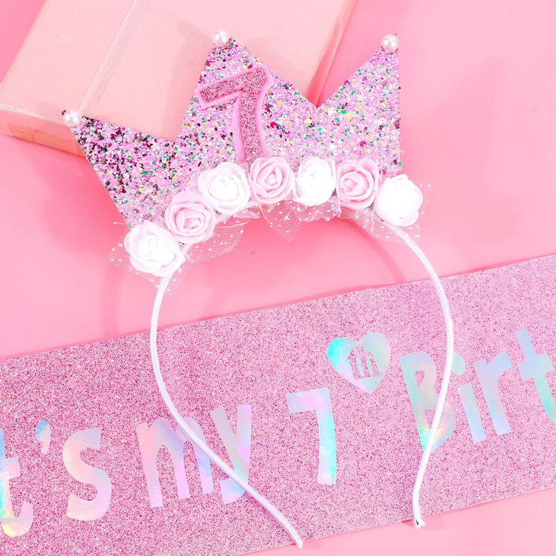 Vovii 7th Birthday Headband & Sash Set - Floral Princess Crown Headband for Birthday Girl Dress Up, Photo Prop & Party Decorations