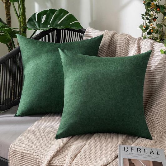 MIULEE Decorative Outdoor Throw Pillow Covers - Waterproof Faux Linen Cushion Cases | 18x18 Inch Emerald Green (Pack of 2)