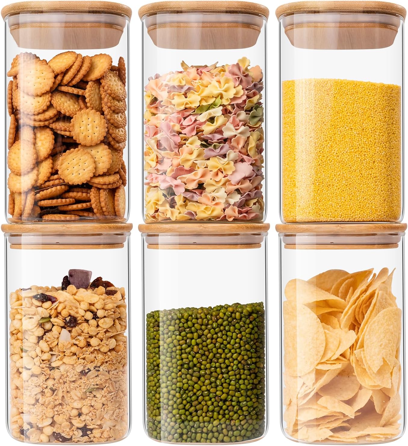 Skiennix Glass Food Storage Jars - 37 Oz Airtight Canisters with Bamboo Lids | Set of 6 for Tea, Coffee, and More