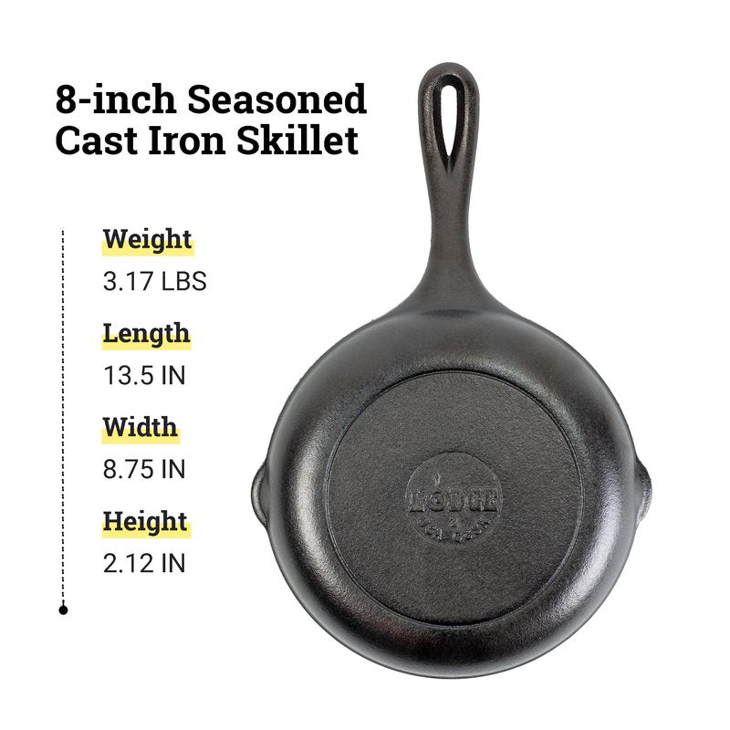 Lodge 8" Cast Iron Skillet - Chef Collection - Perfect Sear - Ergonomic Handles - Superior Heat Retention - Cast Iron Cookware & Skillet