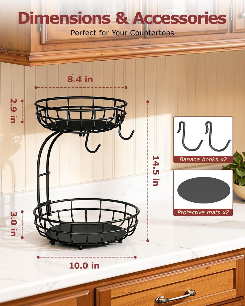 Sevenblue 2 Tier Large Fruit Basket for Kitchen Counter with Removable Banana Hanger - Sturdy Iron Fruit Bowl for Kitchen Counter and Vegetable Holder, Fruit Holder for Kitchen Countertop, Black