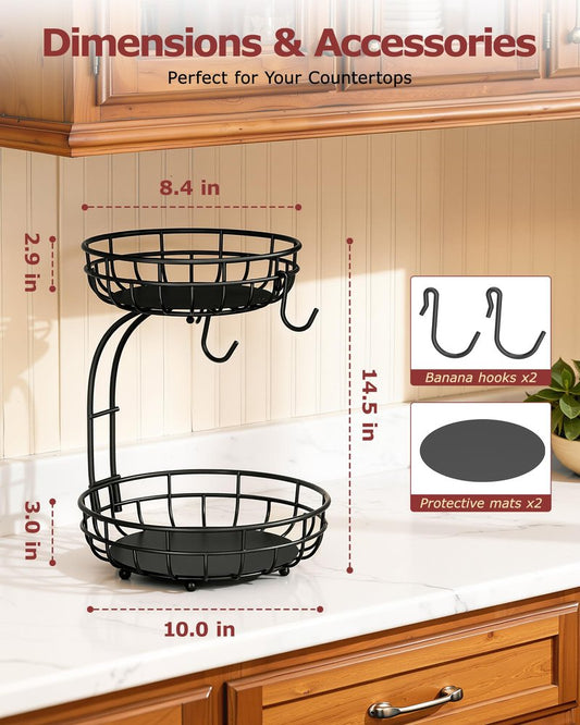 Sevenblue 2 Tier Large Fruit Basket for Kitchen Counter with Removable Banana Hanger - Sturdy Iron Fruit Bowl for Kitchen Counter and Vegetable Holder, Fruit Holder for Kitchen Countertop, Black
