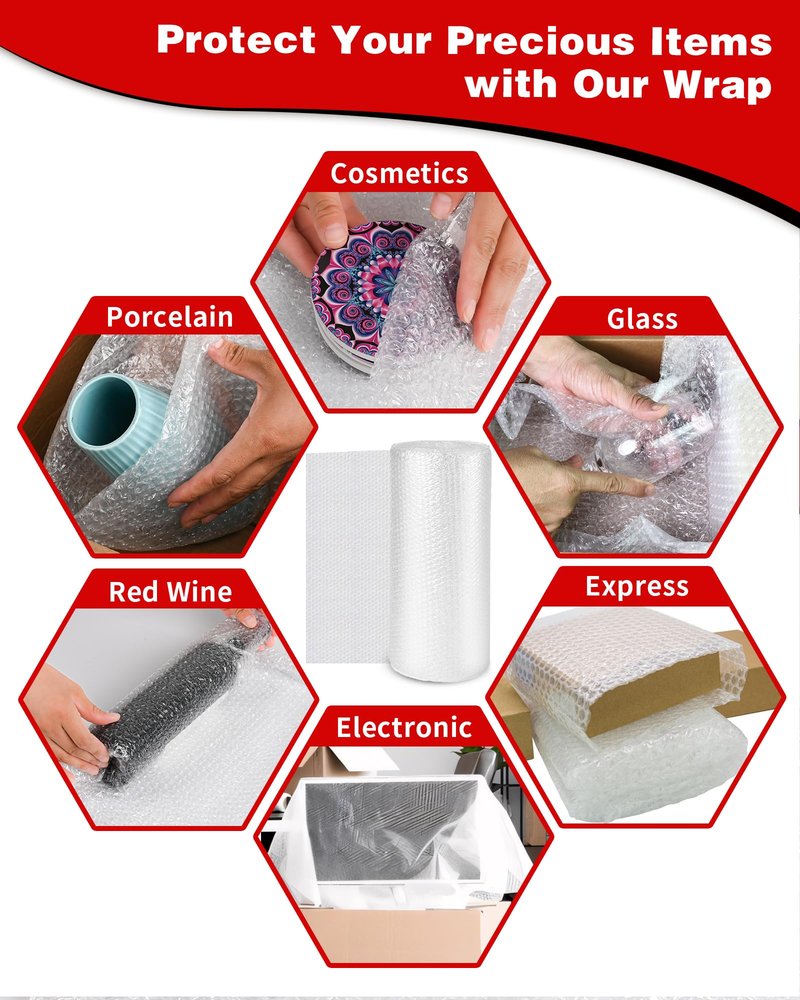 2-Pack Bubble Cushioning Wrap Rolls, 3/16" x 17" x 72' ft Total, Perforated 12" 20 Fragile Stickers for Shipping, Packaging, Mailing