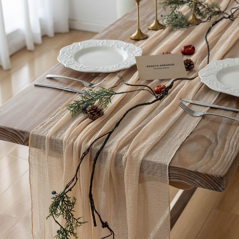 Keketoarrange 3pcs Deep Beige Cheesecloth Table Runner Rustic Boho Butter Gauze 120 Inch 10 FT Cheese Cloth for Wedding Baby Bridal Shower Birthday Engagement Party Long Sheer Spring Home Decorations