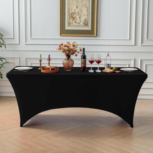 FOLINS&HOME Black 6ft Fitted Rectangle Tablecloth with Elastic, Water Resistant Washable Spandex Table Cover for 6 Foot Folding Tables, Stretch Table Cloth for Weddings, Banquets, Parties