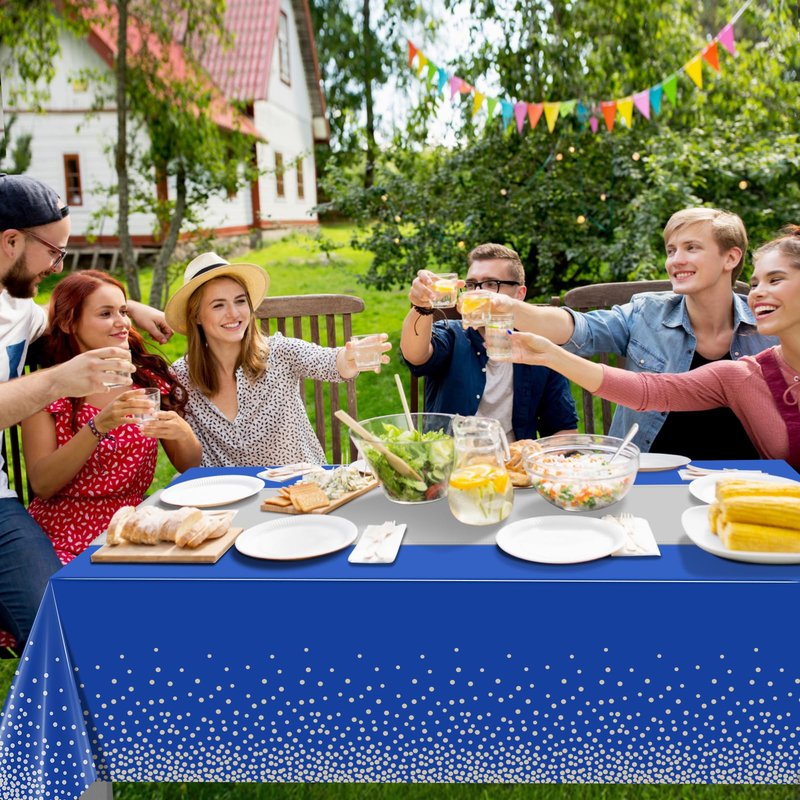 3Pcs Blue and Silver Tablecloth Party Decorations,Plastic Royal Blue Table Cloth Printed Silver Table Runner Disposable Rectangle Tables Cover for Anniversary Wedding Graduation 2025 Party,54x108 Inch