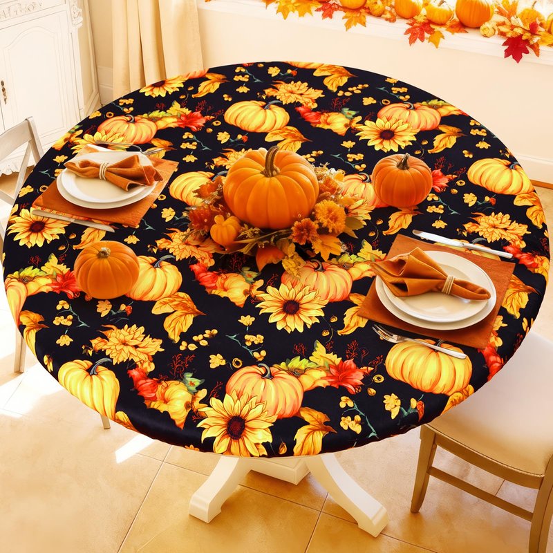 Moosfor Round Spandex Thanksgiving Tablecloth, Elastic Fitted Waterproof Tablecloths for 57"-68" Tables, Stretch Washable Picnic Table Cover for Autumn Harvest Parties, Pumpkin Sunflower