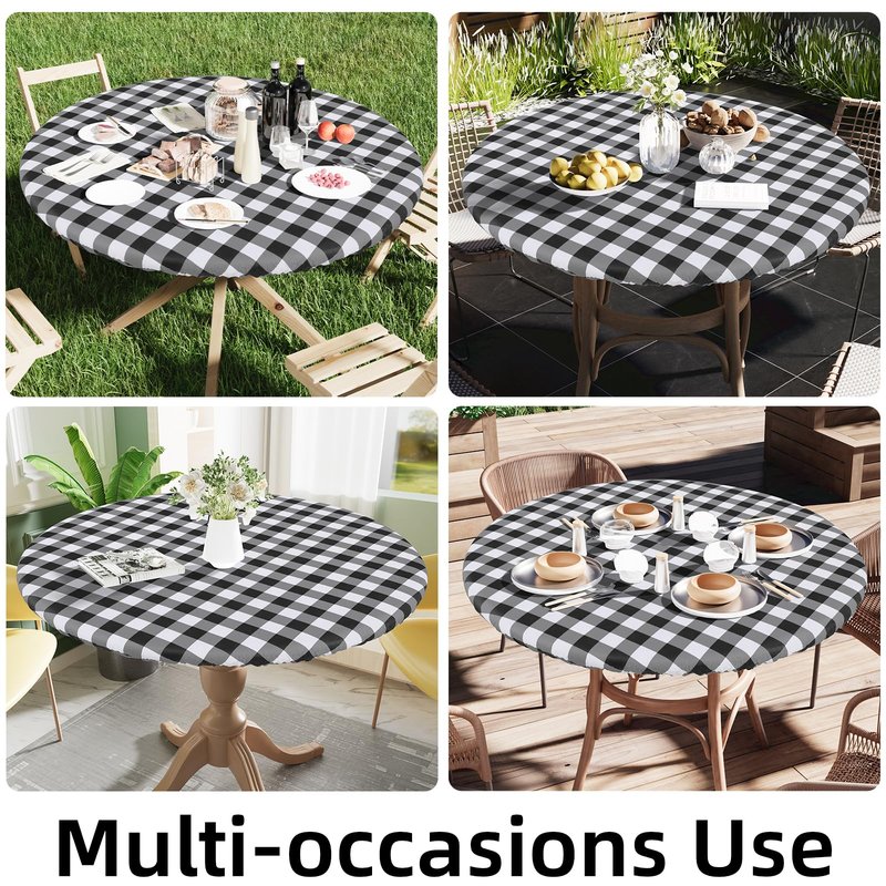 Smiry Round Picnic Tablecloth, Elastic Waterproof Fitted Vinyl Tablecloths for 36"-44" Tables, Flannel Backed Buffalo Plaid Table Cover for Dining, Camping, Outdoor, Black and White